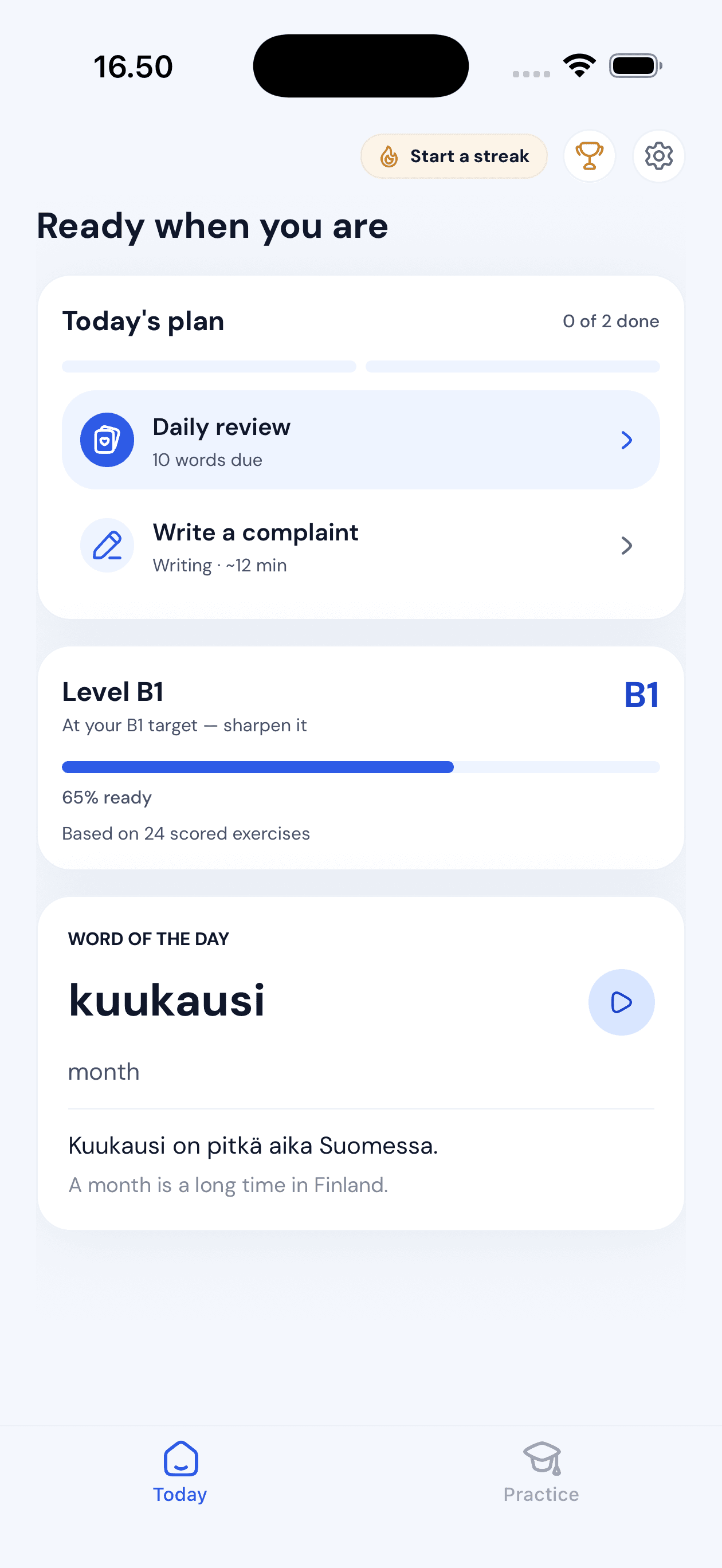 finnly home screen with a daily study plan, level progress, and a word of the day
