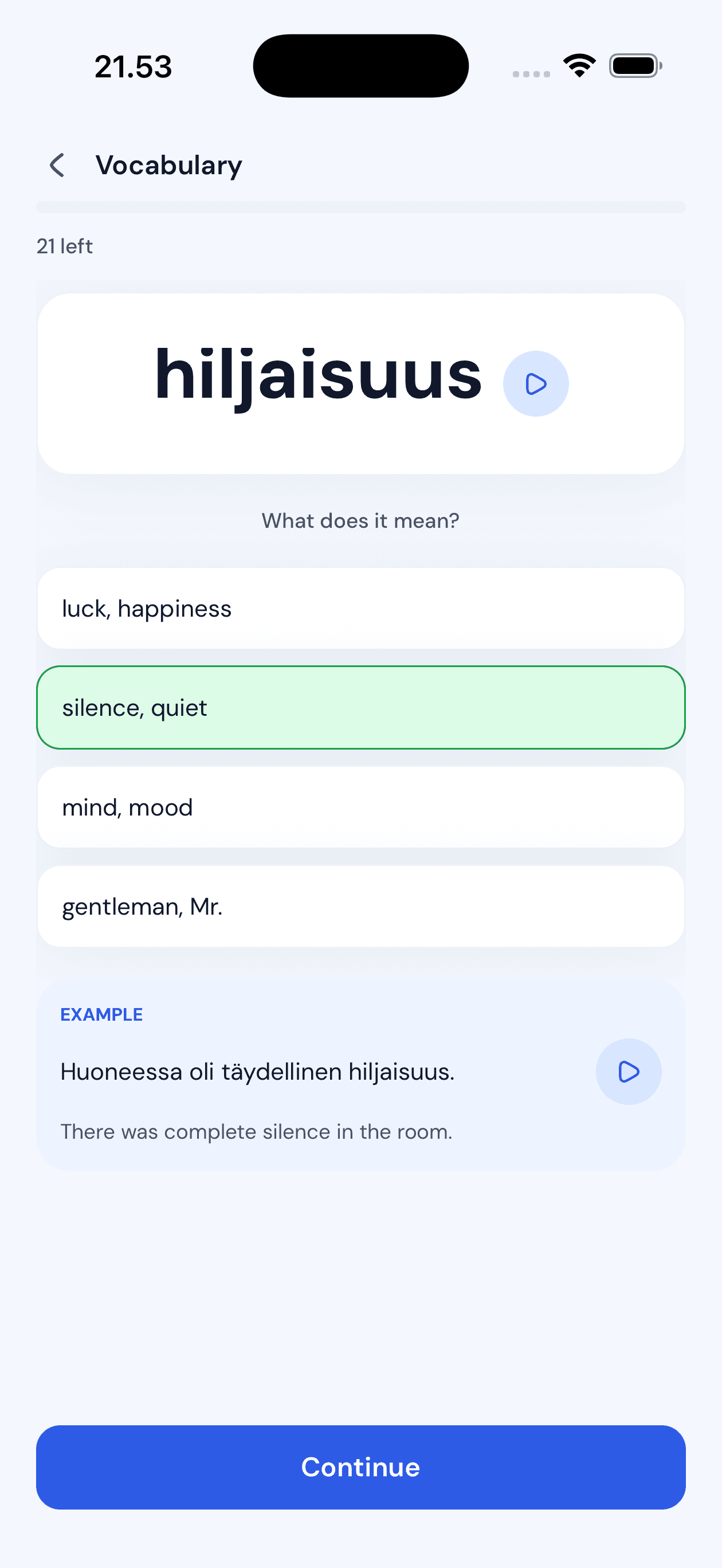 Finnish vocabulary practice with a multiple-choice question