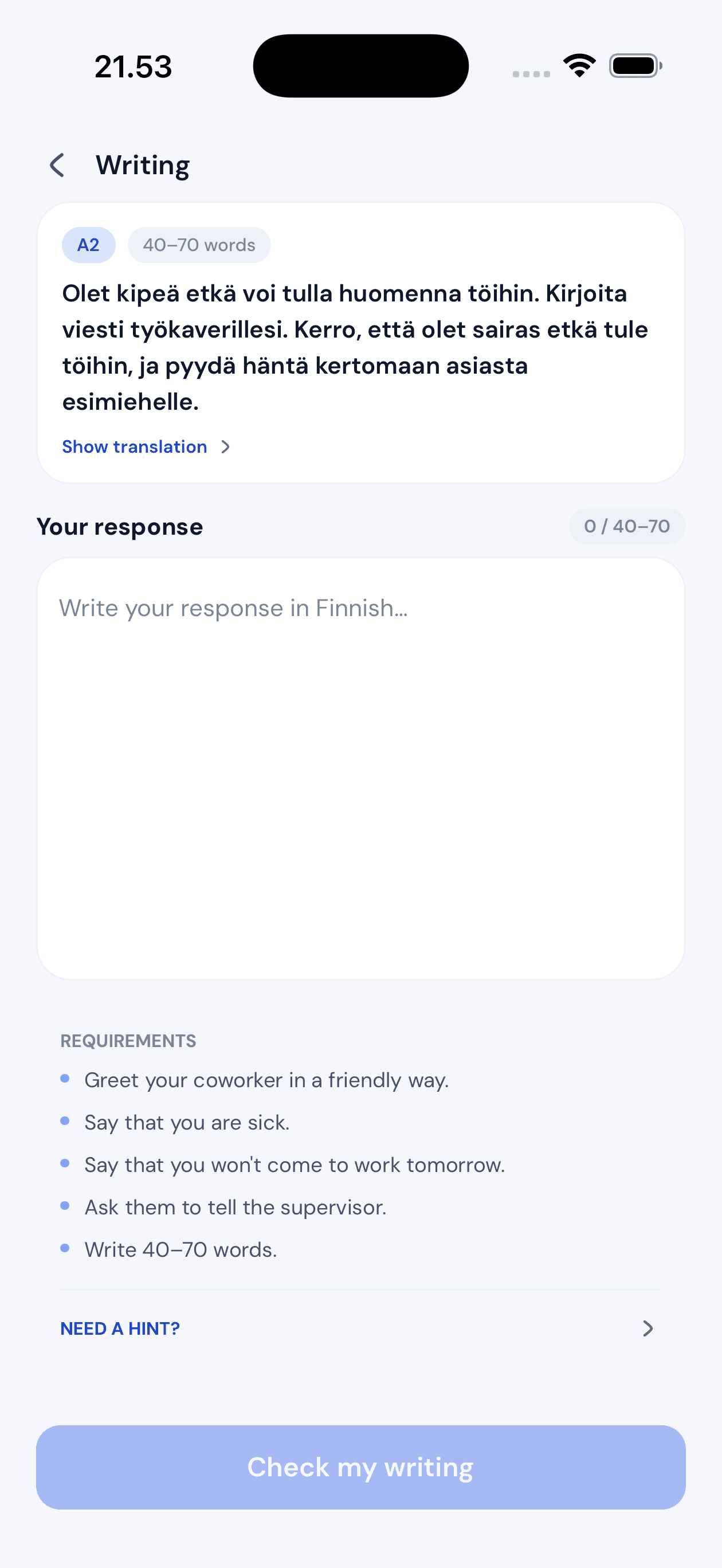 Finnish writing practice asking for a sick-leave message to a coworker