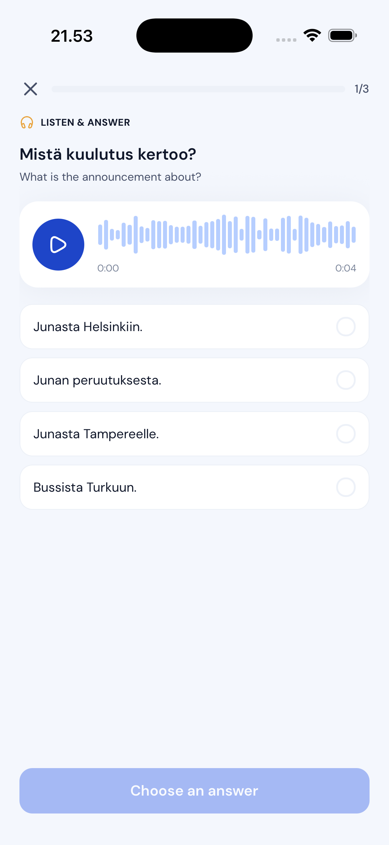 finnly listening exercise with an audio player and multiple choice answers