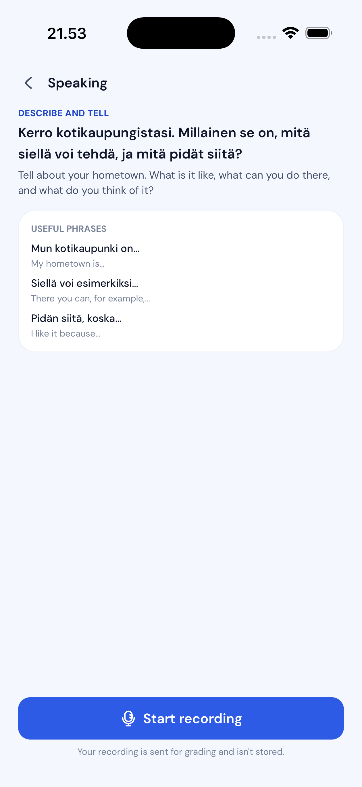 finnly speaking task asking you to describe your hometown with useful phrases
