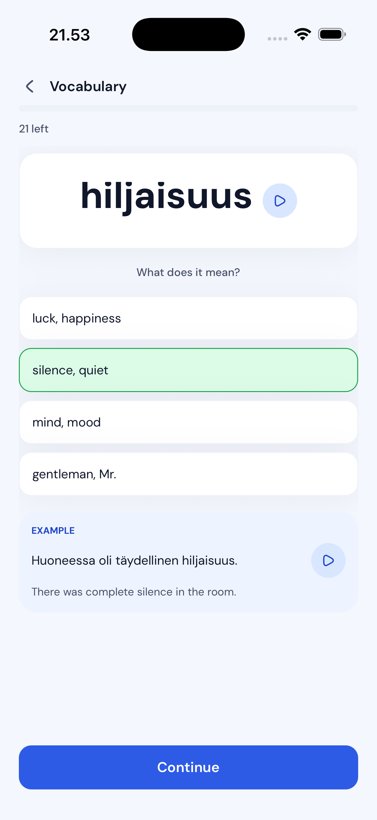 finnly vocabulary exercise asking the meaning of the Finnish word hiljaisuus