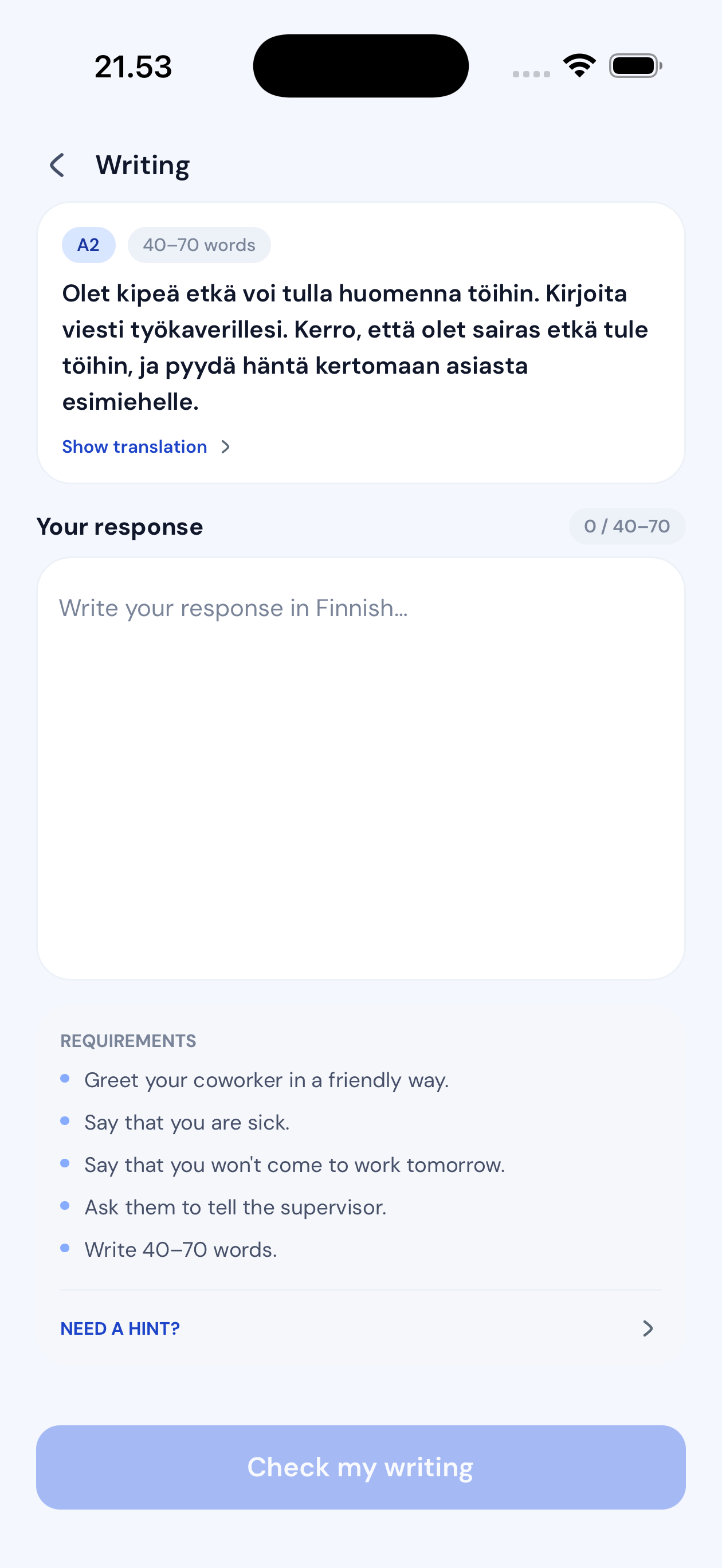 finnly writing task asking you to write a sick-leave message to a coworker